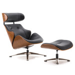 Monaco Swivel Lounge Chair & Footstool – Black Leather & Wood Finish