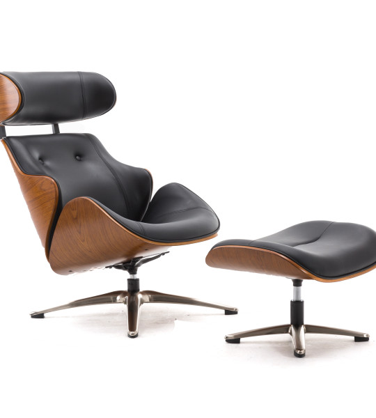 Monaco Swivel Lounge Chair & Footstool – Black Leather & Wood Finish